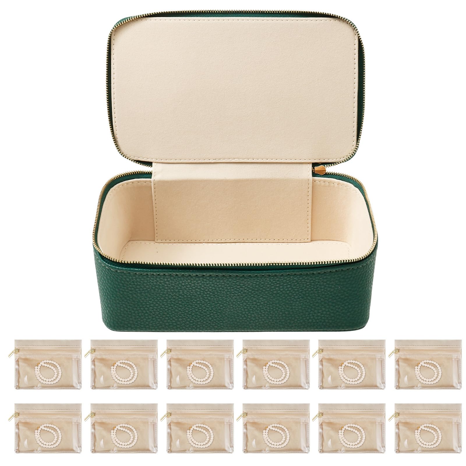 Ghshanog Green Travel Jewellery Box,Jewelry Case With 12 Pcs Velvet Pouches,Clear Window Travel Jewelrys Organizer Bags Portable Zipper Pocket For Earrings/Rings/Necklaces(Green)