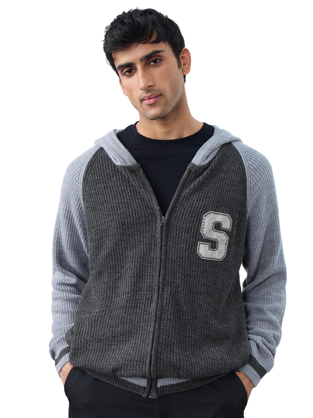 Hooded Sweater: Charcoal Men and Boys Full Sleeves Charcoal Grey Textured Acrylic Oversized Fit Lightweight Everyday Pullover Sweater-image-36