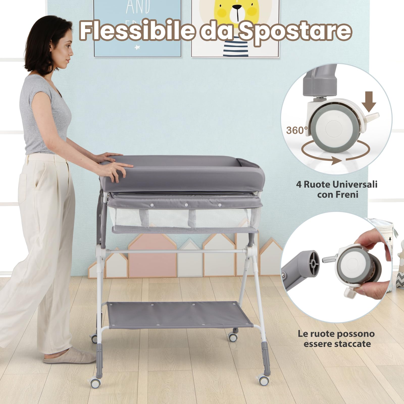 RELAX4LIFE Cambiador de Bebé Plegable con 4 Ruedas Giratorias con Frenos, 3 Alturas Ajustables, Cestas de Almacenamiento y Cinturón de Seguridad, Cambiador Bebe Mueble para Bebé 0-12 Meses (Gris)