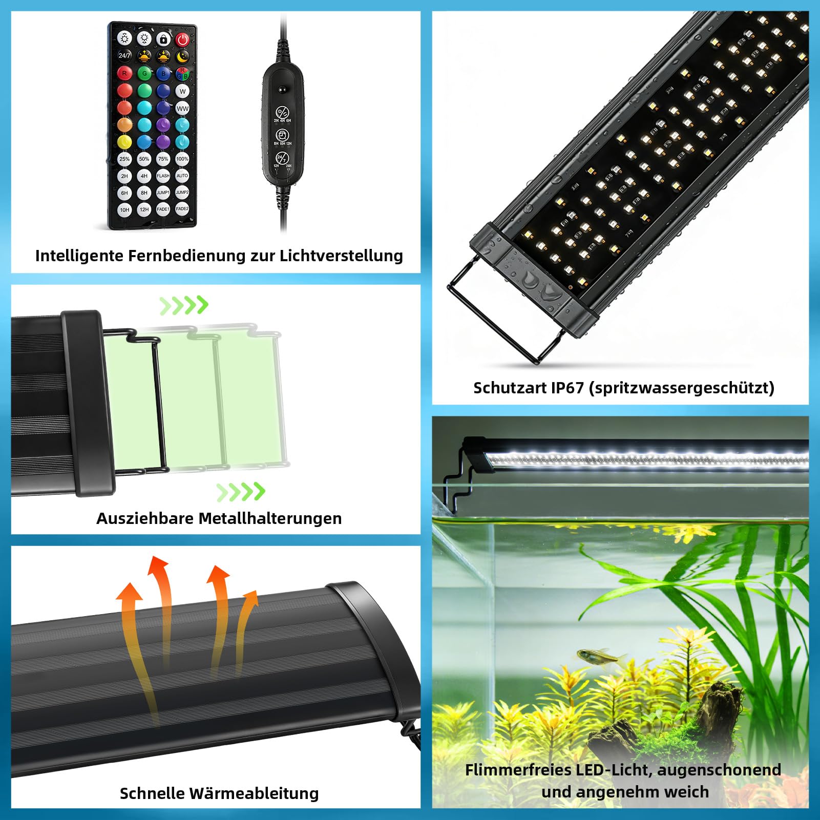 Aquarium LED Beleuchtung 89–128cm, 186 LEDs 7000Lux, Doppelsteuerung Fernbedienung+Kabelcontroller, 20 Helligkeitsstufen, 6 Dynamikmodi 24/7 Zyklus IP67 für Aquarium & Terrarium