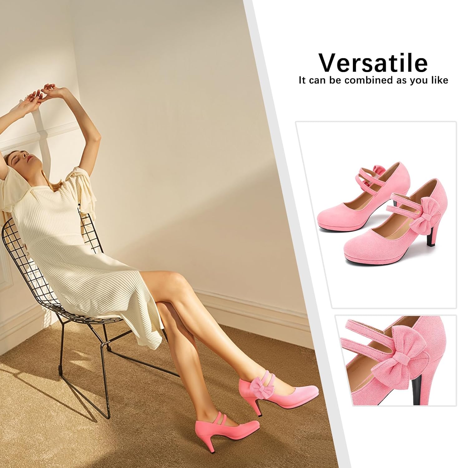 Women's Mary Jane Bow Heels Pumps Round Closed Toe Kitten Heel Double Ankle Strap Wedding Office Work Dress Shoes Red Velvet-46US 11 - Image 5