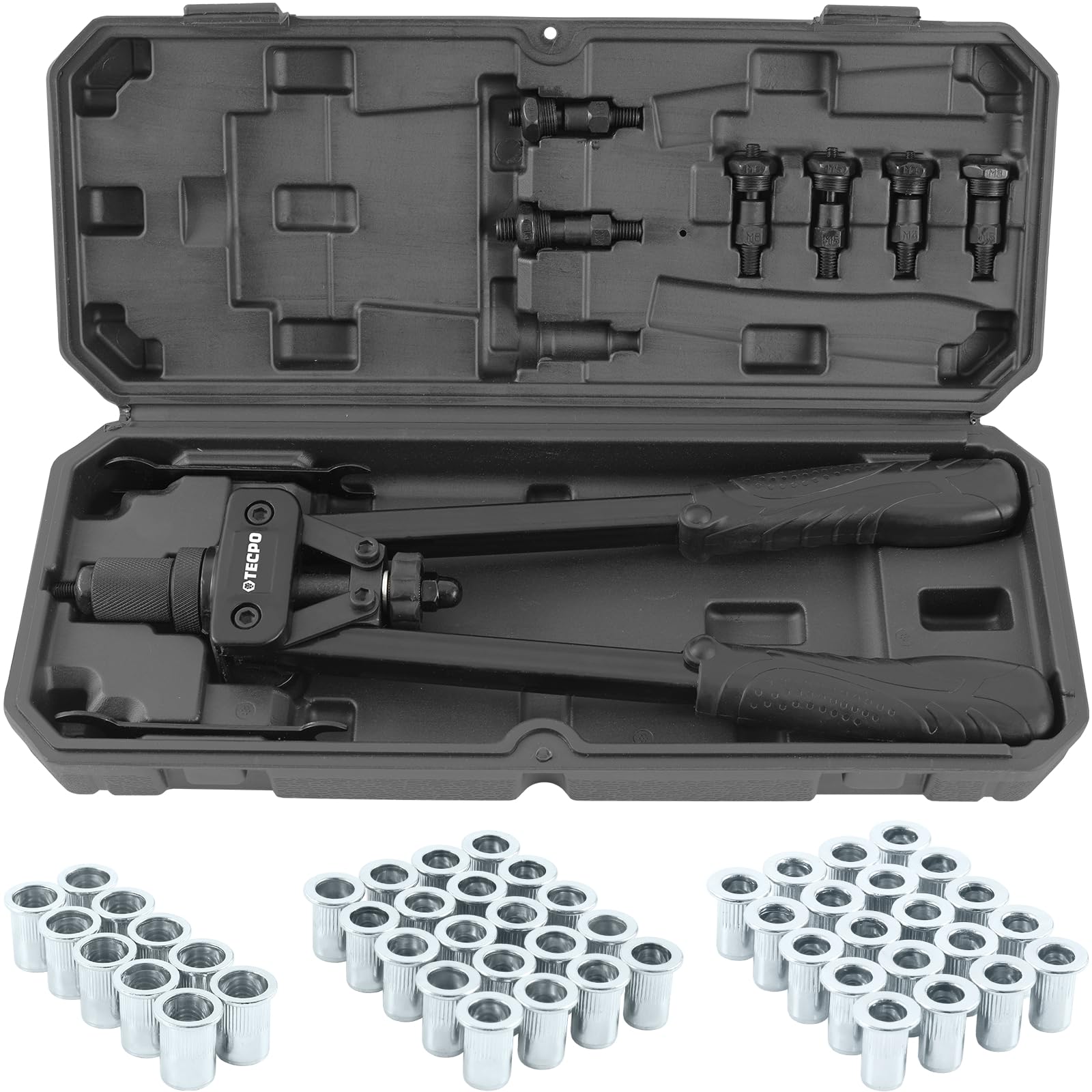 TECPO Nietmutternzange Set, 249-teilig Blind Nietmuttern Satz mit Gewinde, Nietzange, Universalschlüssel, Zugdorne und Mundstücke aus Stahl M3, M4, M5, M6, M8, M10 Ø 5,0-13mm