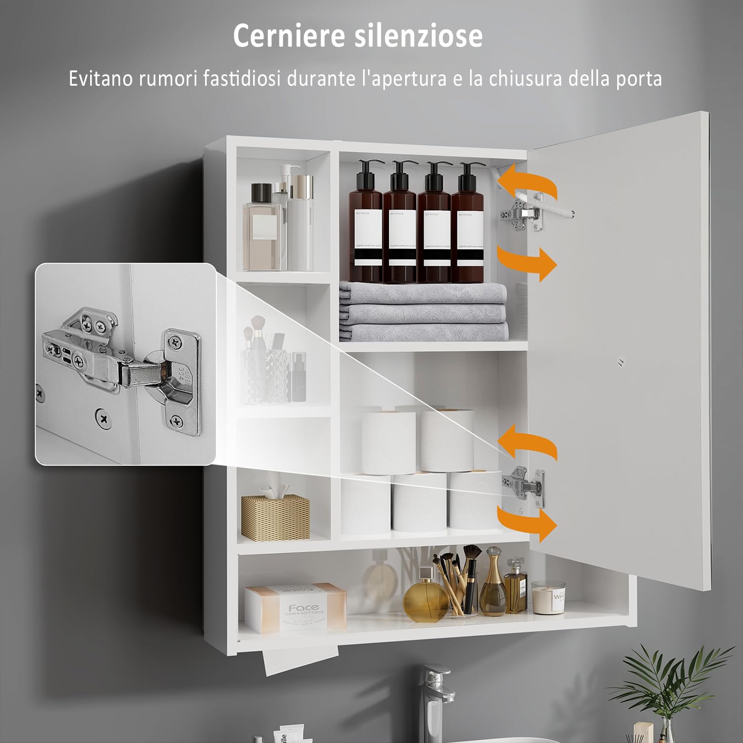 YU YUSING Specchio Bagno Contenitore con Luce LED, 72x80x13cm, Mobili Armadio Bagno con 9 Ripiani 1 Anta, Mobile Parete con Specchio, 3 Temperature di Colori Dimmerabili, Mobiletto Salvaspazio Parete