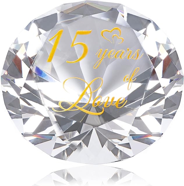 15 Years Wedding Anniversary Crystal Gifts for Women 15th Anniversary Romantic Gifts for Couple, Large 3.15 in. Diamond Cut Keepsake (15 Years)