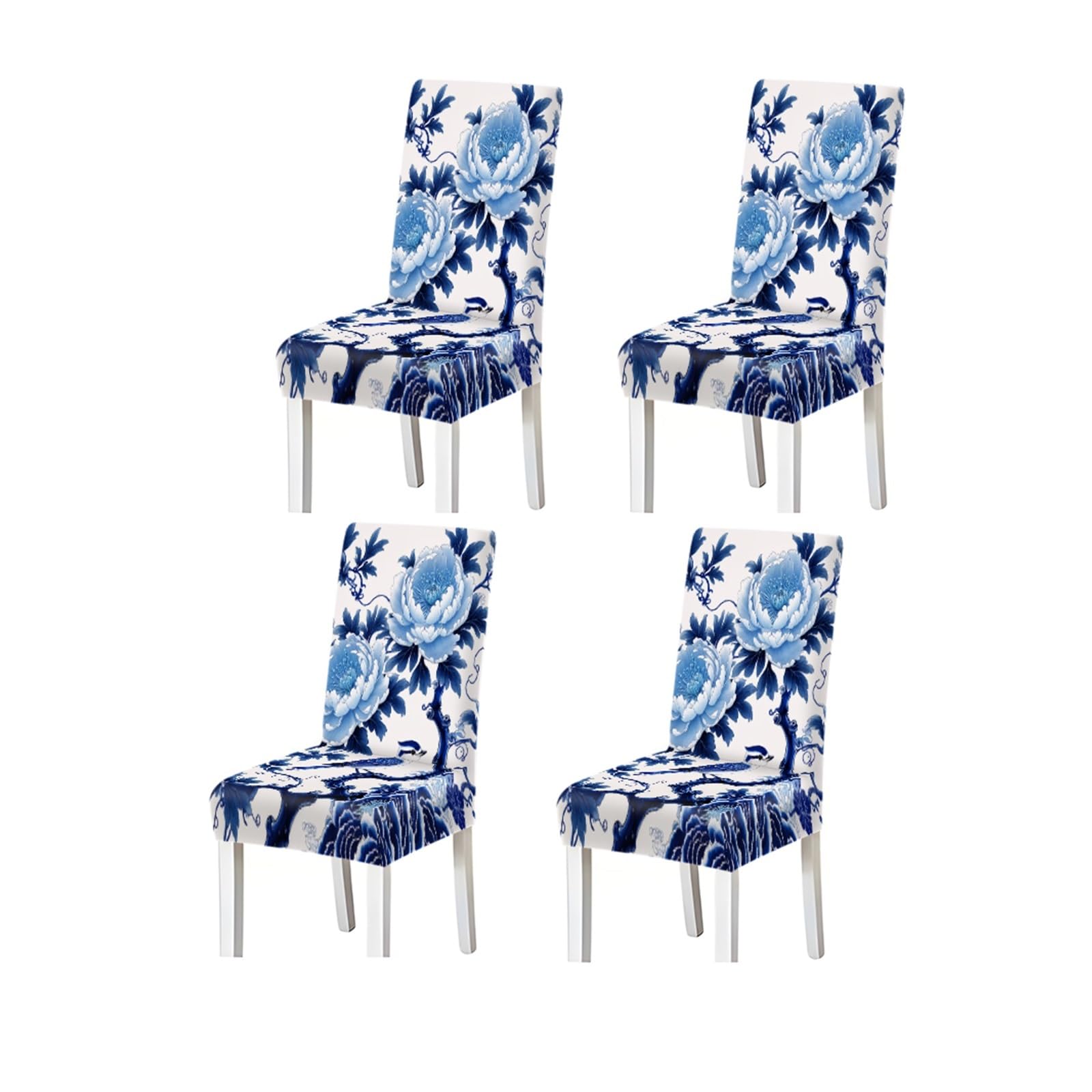 KXUAUV Blue And White Porcelain Peony Floral Pattern Print Dining Chair Covers Set Of 2/4/6, Stretch Slipcovers For Kitchen Dining Room Seat Protectors for Restaurant Hotel Party(4PCSChair cover)