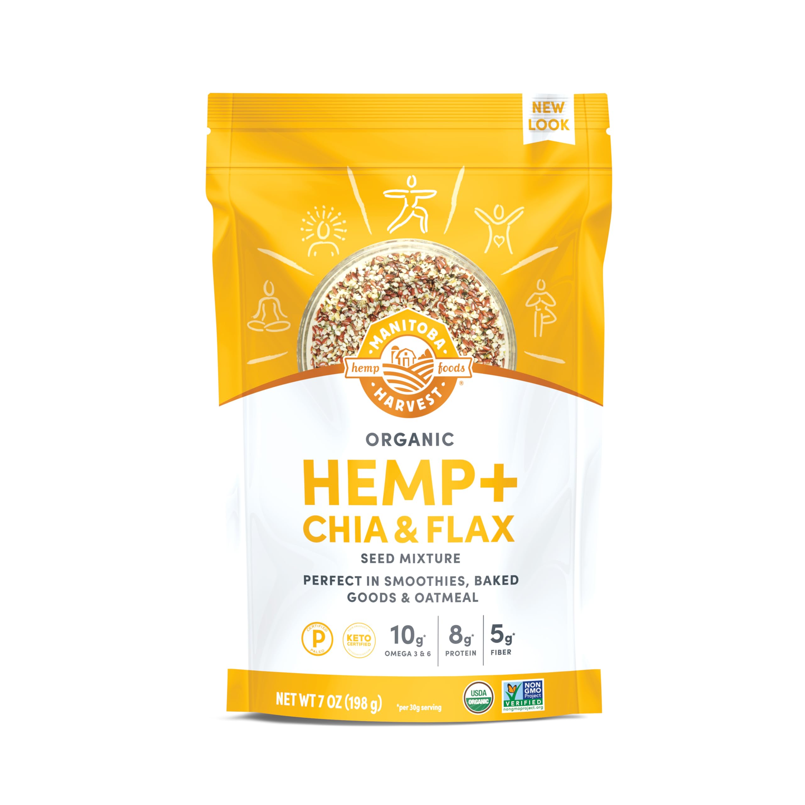 Organic Hemp Plus Flax & Chia Seeds - 7oz - 8g Protein, 5g Fiber and 10g Omega 3 & 6 per 30g Serving - Nutrient-Dense, 3-in-1 Super Seeds Mixture - Vegan, Non-GMO Project Verified