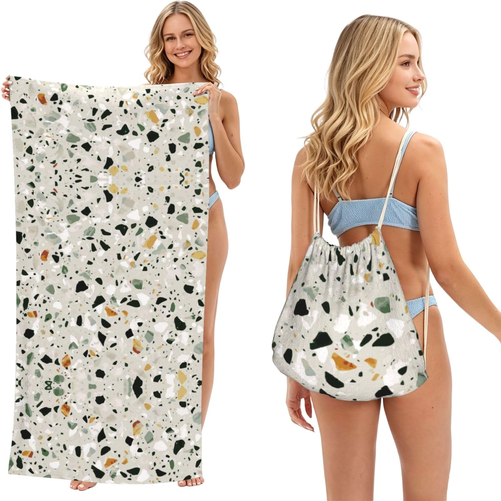 ESNAIUVCD Yellow Marble Print Beach Towel For Adults,Towel With Drawstring Bag, Travel Pool Swimming Sports Shower Sand Free Quick Dry Bath Towel For Pool, Beach, Yoga- 180x60cm
