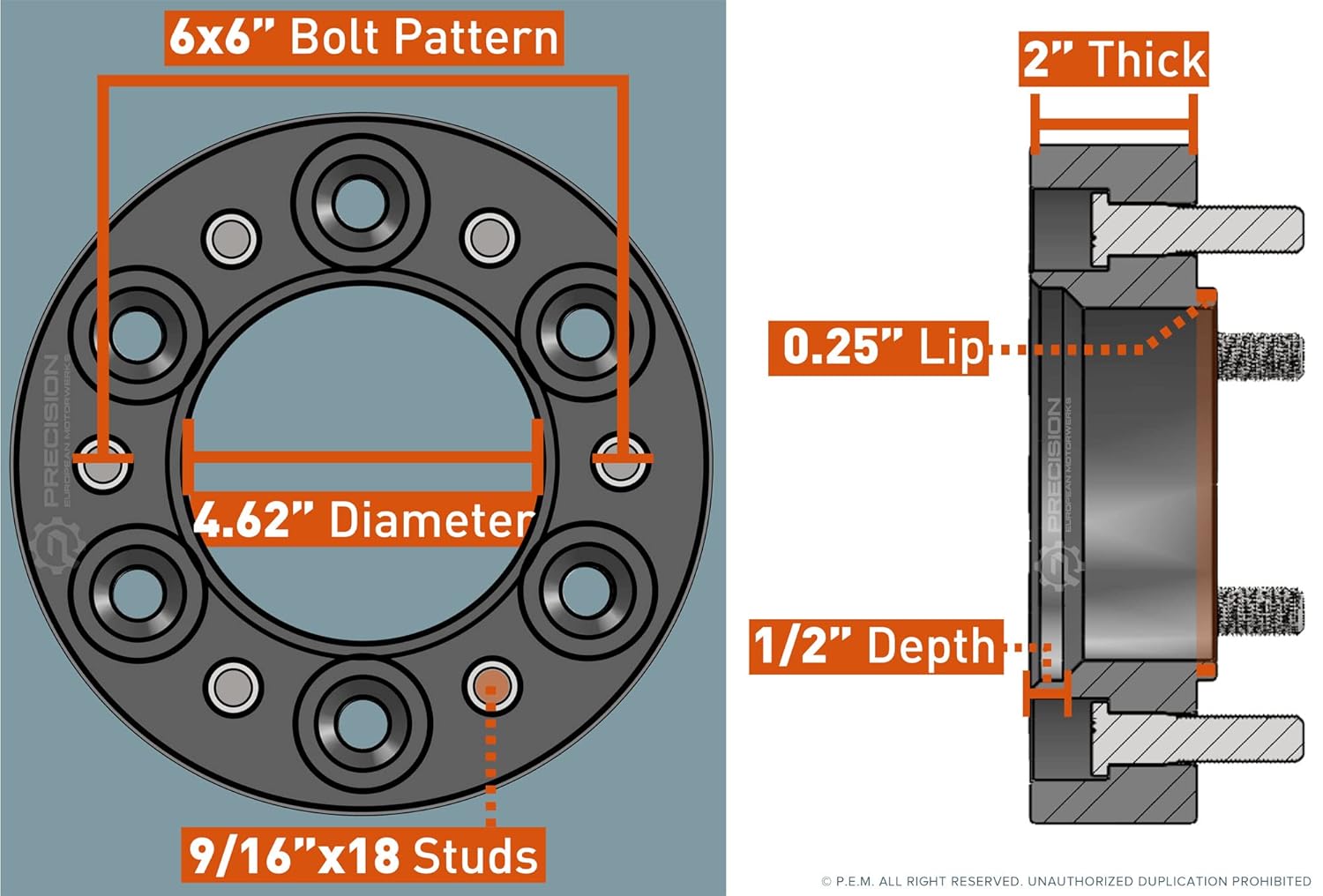 RockTrix 2pcs 2 inch - Skid Steer 6Lug Wheel Spacers Adapters - 6x6 Bolt Pattern - 9/16x18 Studs Nuts - Compatible with Gehl Mustang New Holland Bobcat Case John Deere Cat Terex