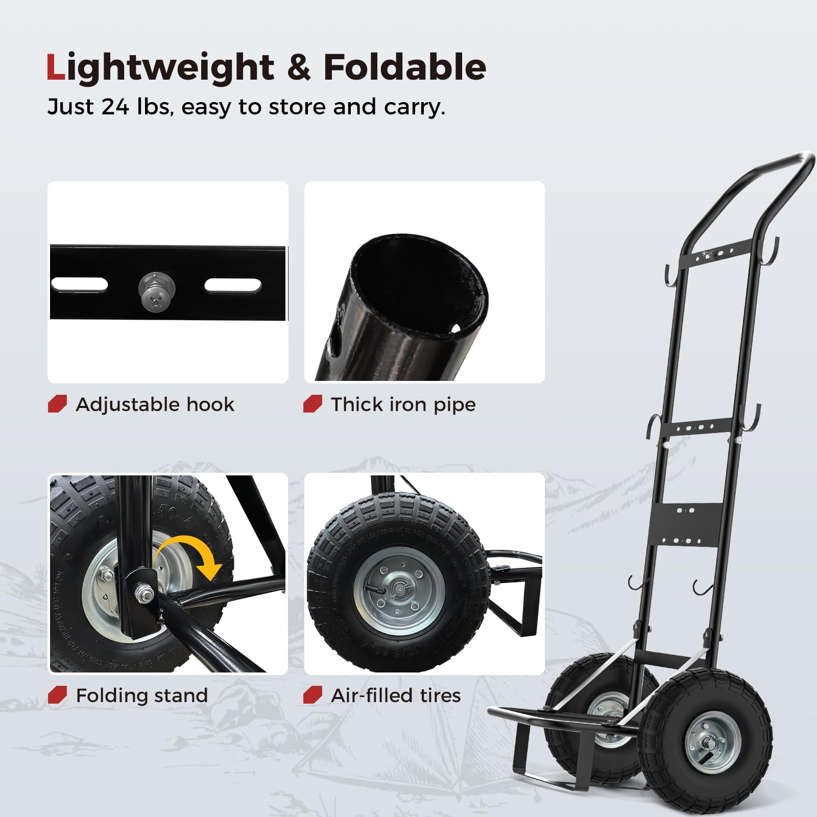 CAMPLUX Mobilny Wózek na Butle Gazowe i Podgrzewacz Wody, Stalowy Wózek Ręczny z Kołami Pneumatycznymi 26 cm (10”), Idealny do Kempingu i Mycia Zwierząt, D52
