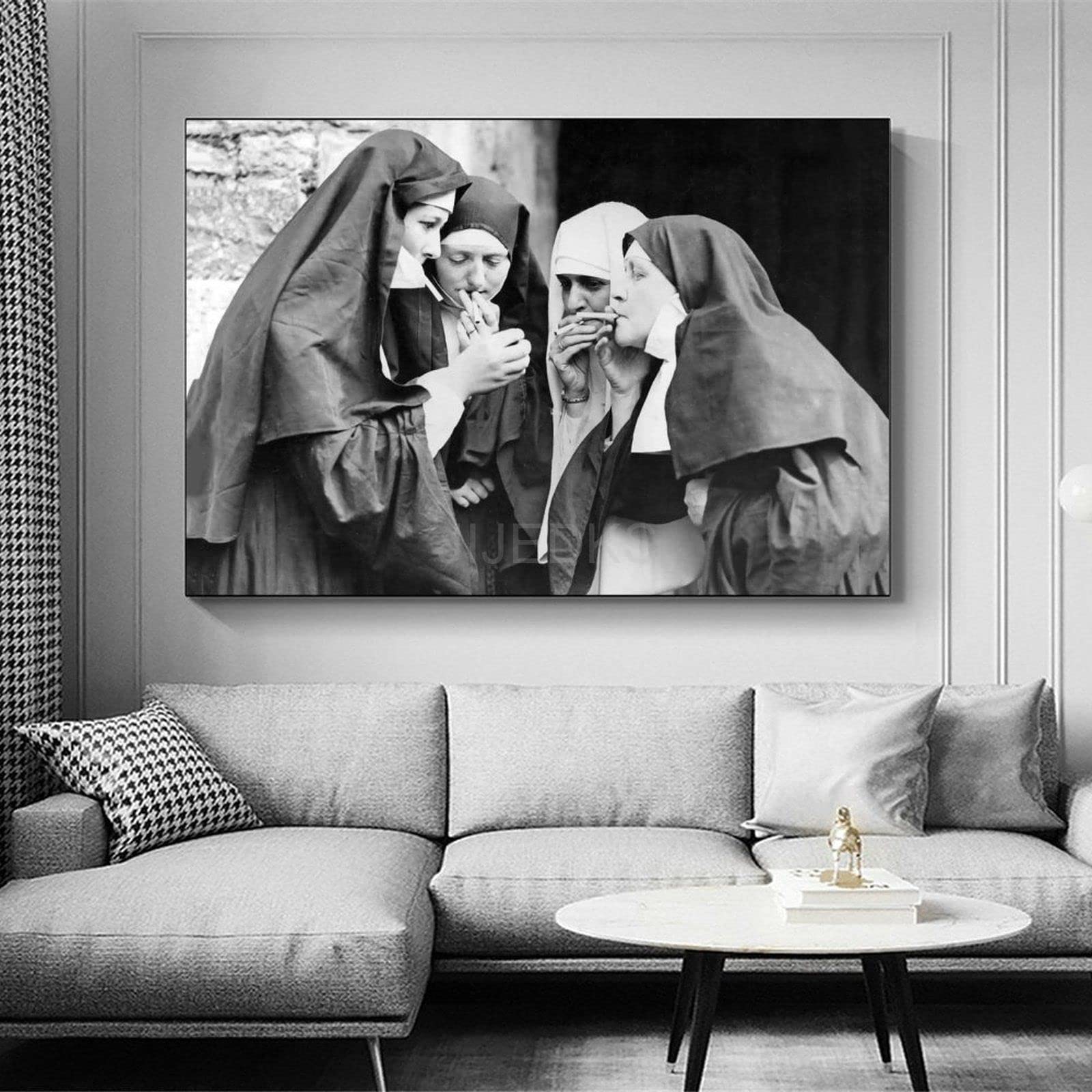 Lustiges Leinwandposter - Nonnen Trinkender Wein Wandbild 20x30 Cm Für Wohnzimmer