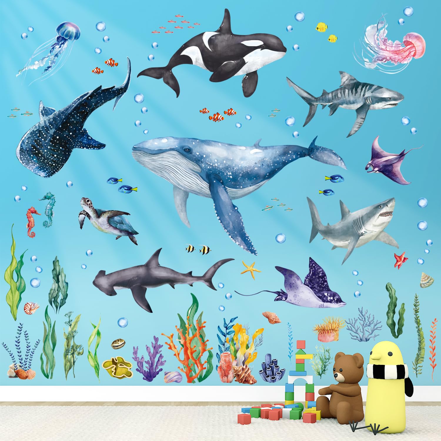 DECOWALL Under the Sea Large Wall Stickers Whale, Shark & Sea Creature Decals for Kids Bedroom Bathroom & Nursery Decor - Image 3