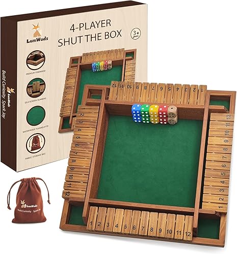 Shut The Box Game Tablero de madera (13.78 pulgadas) para 1-4 jugadores, juegos de dados familiares para adultos con 12 dados, aprendizaje educativo