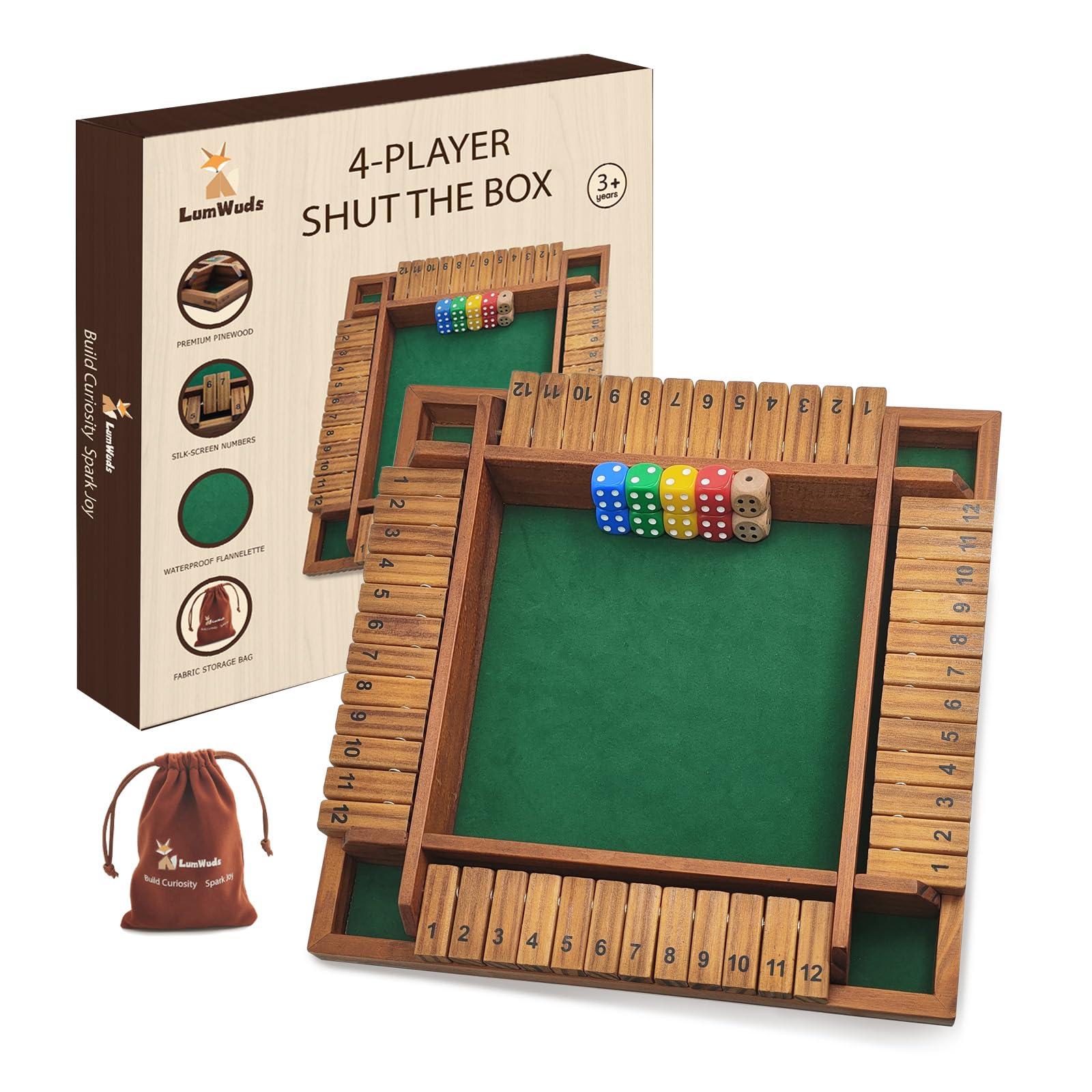 Shut The Box Spiel Holzbrett (13,78 Zoll) für 1-4 Spieler, Familien-Würfelspiele für Erwachsene mit 12 Würfeln, Kinder Pädagogisches Lernen und Erwachsene Party Entertainment Board