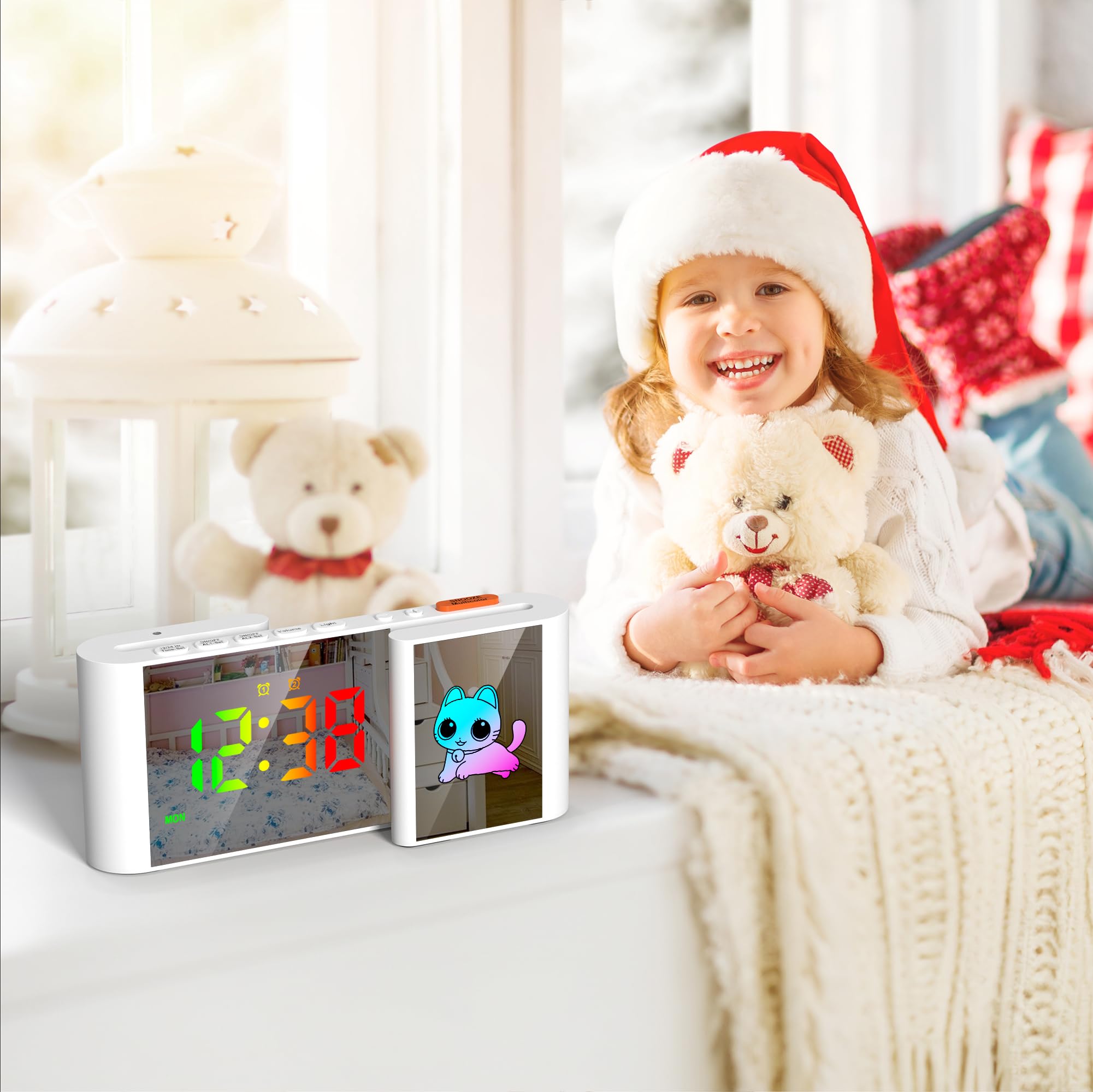 Sveglia RGB per Bambini - Schermo RGB con Luce Notturna a Disegno Animato - Doppia Allarme - Funzione Snooze - Regolatore di Volume - Visualizzazione della Settimana - Gatto Bianco