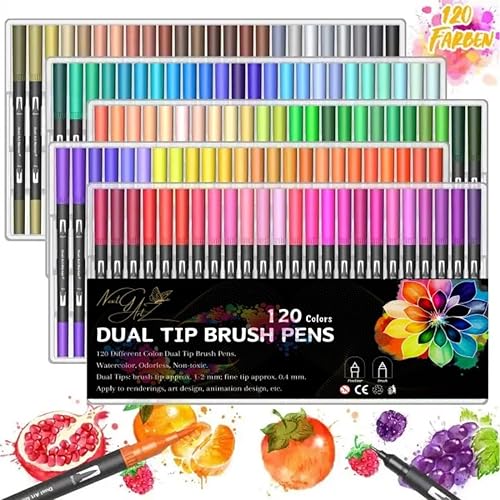 Miniatura 7 de NextG Artz - Rotuladores de doble punta, 120 colores brillantes únicos, punta fina y punta de pincel para amantes del arte, libro de dibujo para