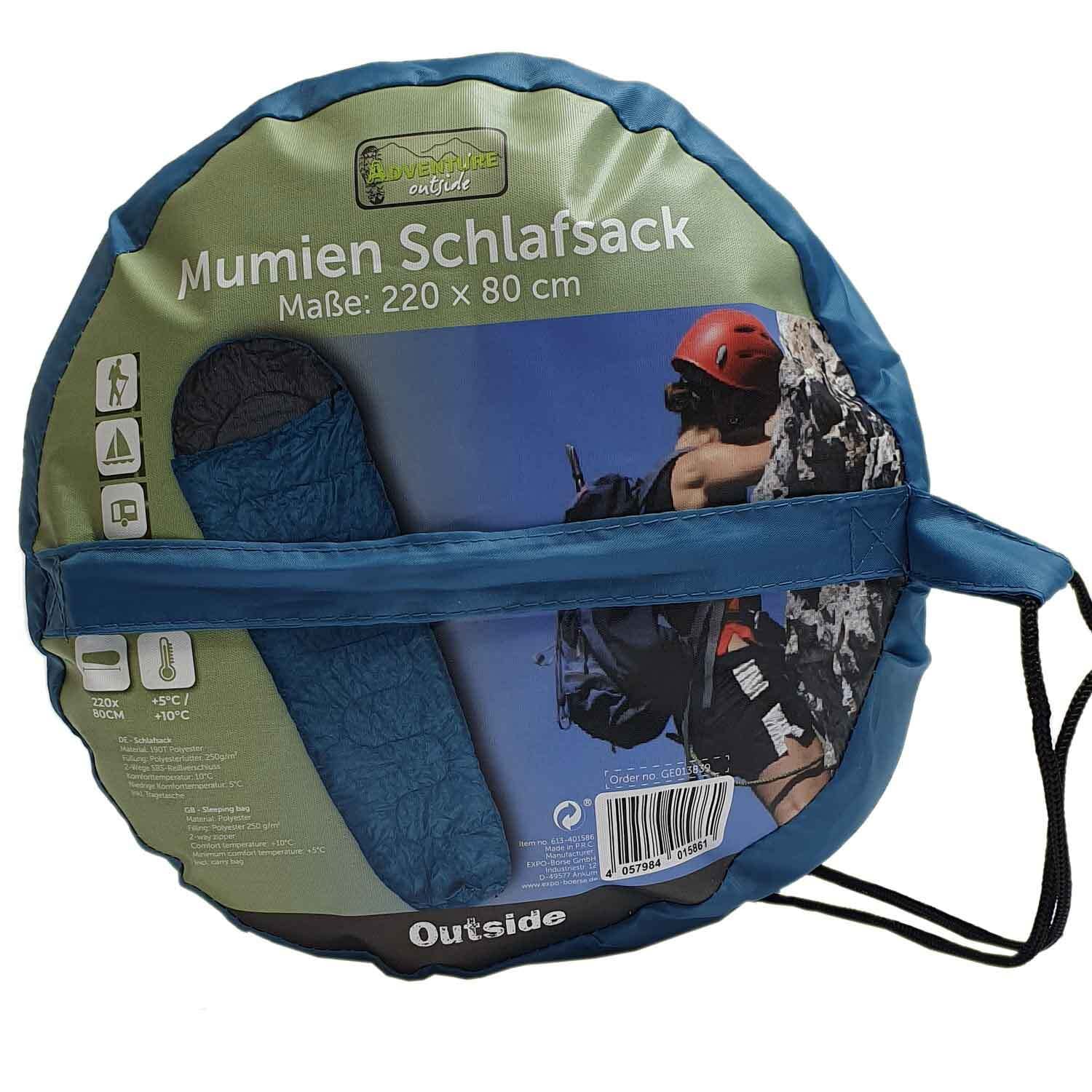 Mumien Schlafsack 220 x 80 cm blau grau mit Beutel Outdoor Camping Sport & Freizeit