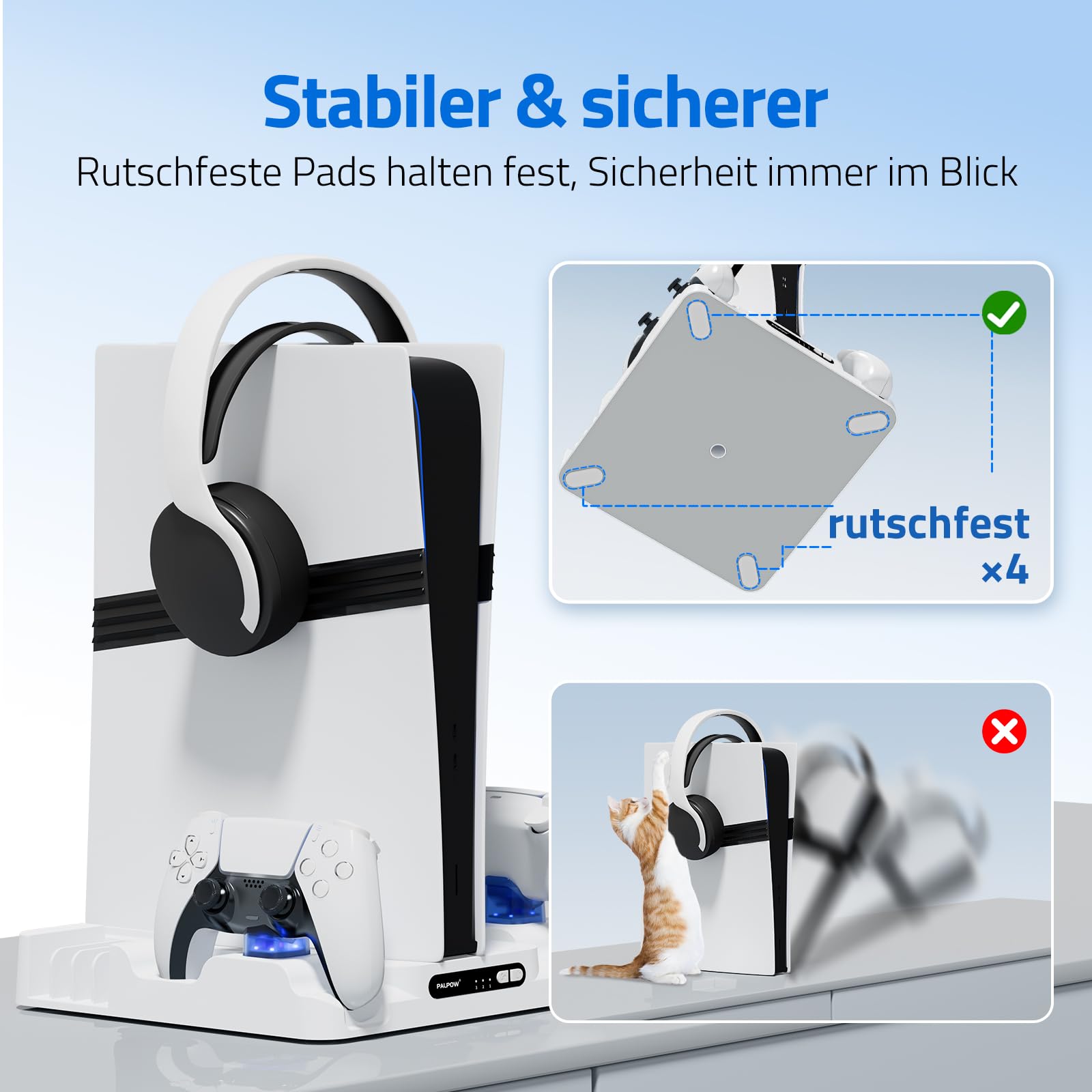 Kühlständer Kompatibel mit PS5 Pro/Slim/PlayStation 5 Disc & Digital - Vertikale Kühlstation mit Controller-Ladegerät für PS5 Zubehör - 3-stufige Lüfter-LED-Beleuchtung - Weiß0