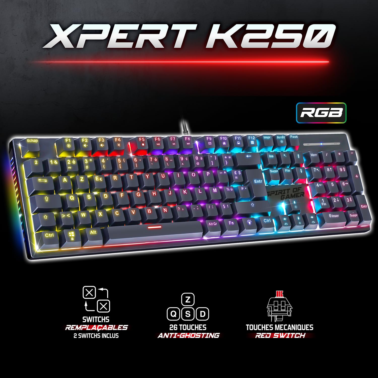 Spirit Of Gamer XPERT K250, teclado mecánico AZERTY Swtich rojo, 17 modos de retroiluminación RGB, tecnología N-Key Rollover de 26 teclas antighosting, conexión por cable, 2 interruptores incluidos,