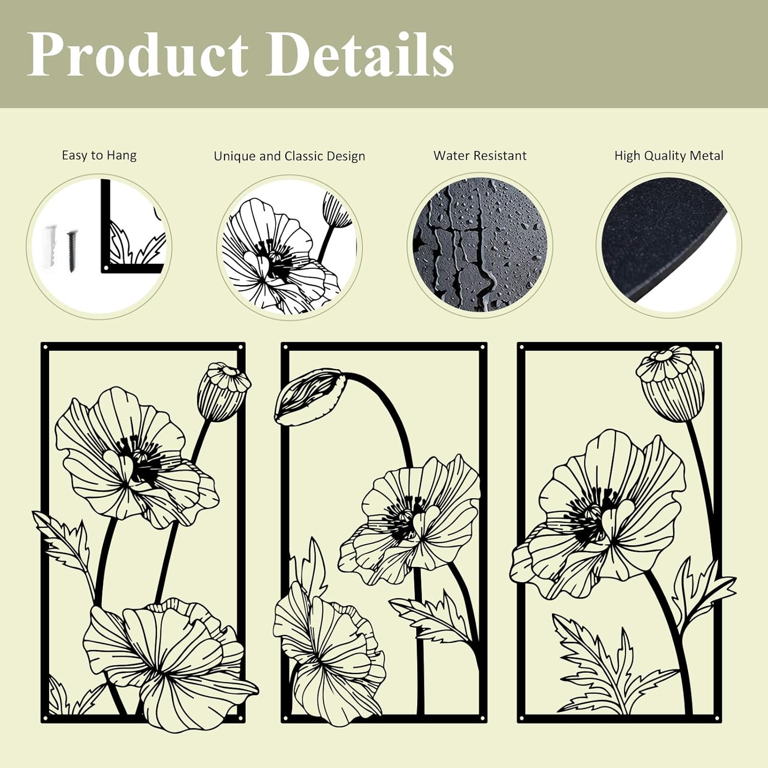 Resama 3 Pcs Black Metal Flowers Wall Decor, Minimalist Abstract Wall Art Modern Floral Line Wall Sculpture Hanging for Bedroom Bathroom Kitchen