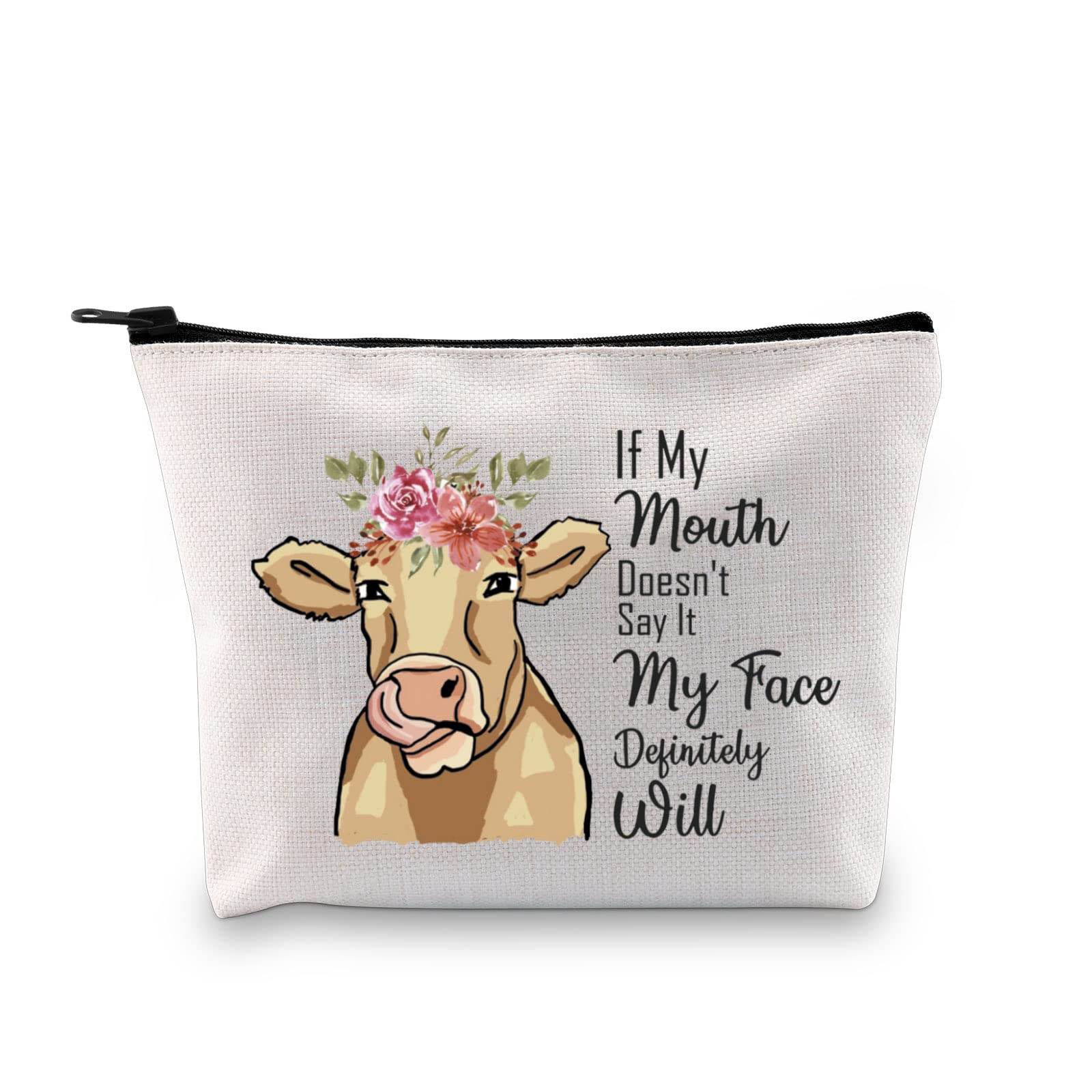 GJTIM Funny Cow Gift Cow Lover Gift If My Mouth Doesn't Say It My Face Definitely Will Cows Farm Pet Pygmy Cows Makeup Bag, My Mouth Bag, Cosmetic Bag With Printing
