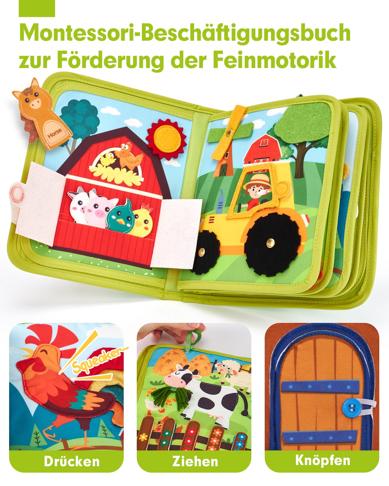 hahaland Montessori Spielzeug ab 1 Jahr – Bauernhof Thema Quiet Book, 20-in-1 Busy Board Weichem Filz für Frühe Bildung, Busy Book für Autofahrt, Spielzeug ab 1 2 3 Jahre, Geschenk zum 1 Geburtstag