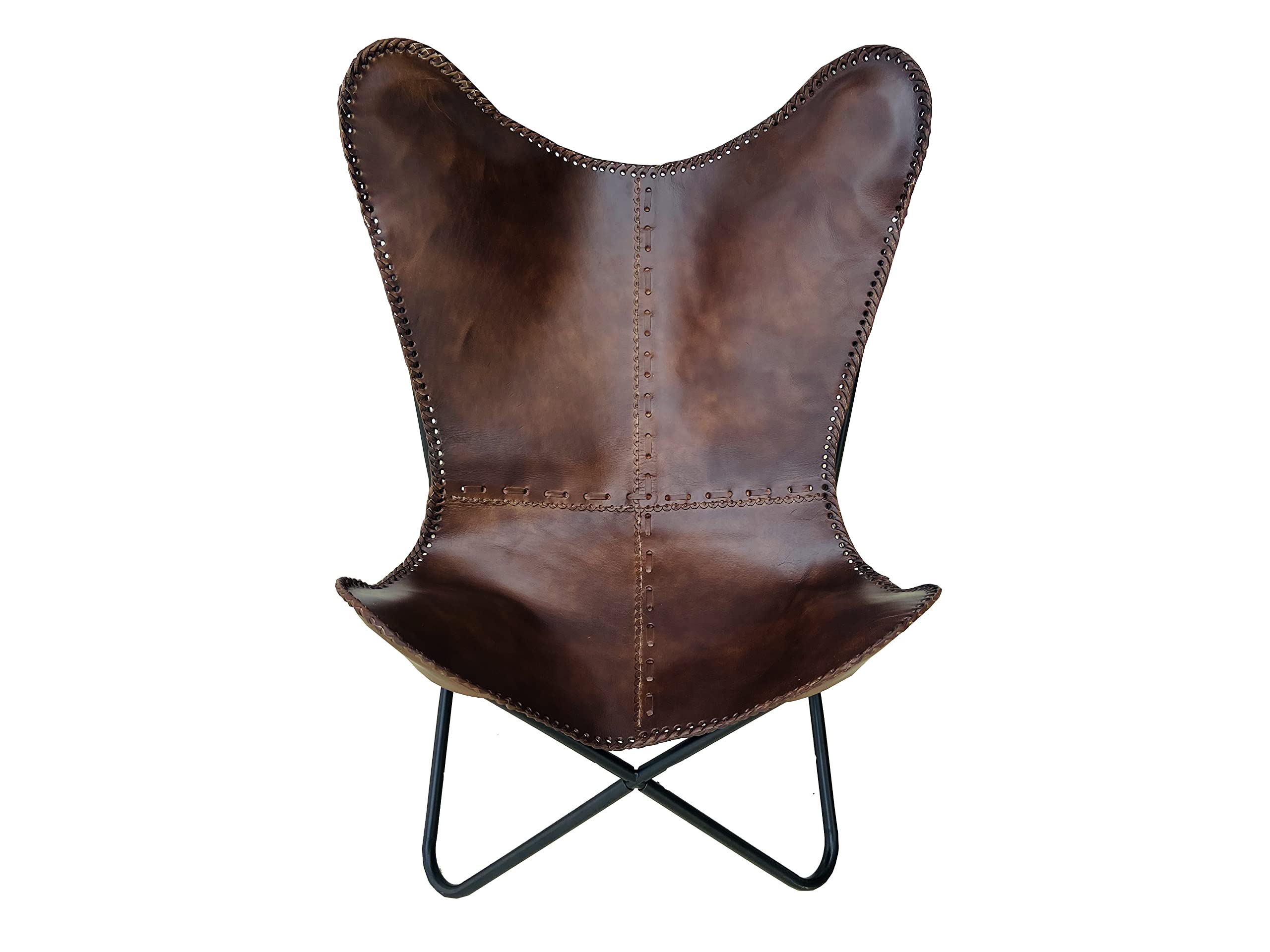 hlc Classic Genuine Leather Arm Chair Living Room Chairs-Butterfly Chair-Handmade with Powder Coated Folding Iron Frame (Coffee Brown Cover with Folding Frame) (Black Stand)