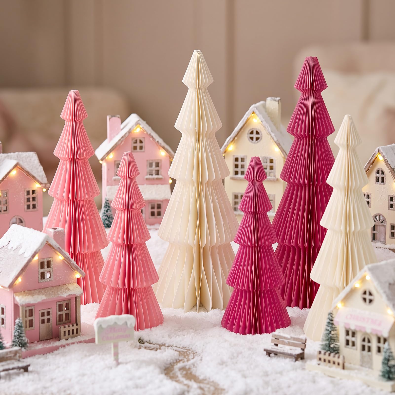 SUNBEAUTY 6pcs Pink Honeycomb Paper Christmas Trees Table Centerpieces โ image 1