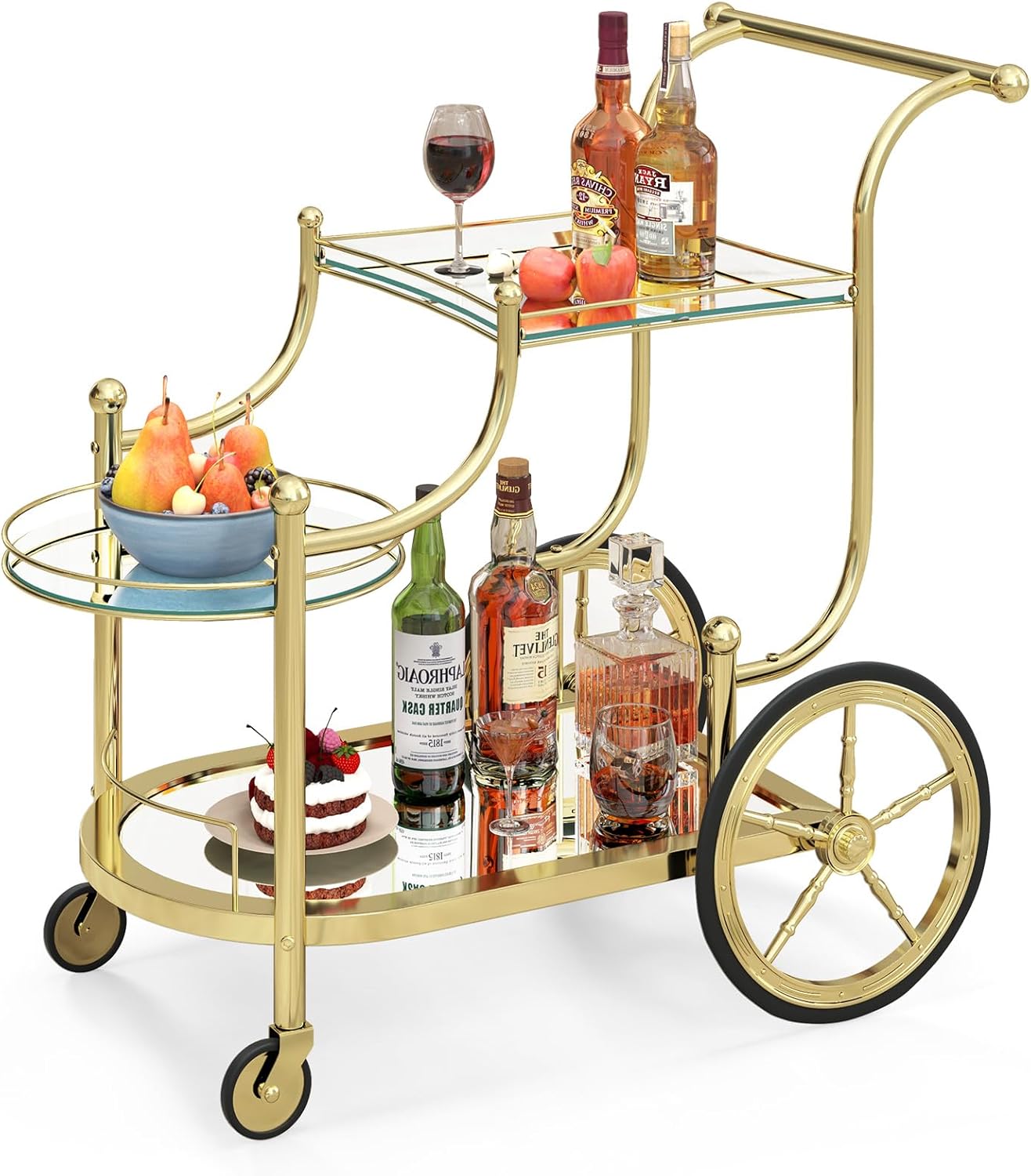 Vintage Bar Cart with Wheels, Wine Cart with 3-Tier Tempered Glass Shelves, Beverage Cart for Hotel, Club, Home Bar & Serving Carts for Kitchen, Dining Room, Living Room, Outdoor (Gold)