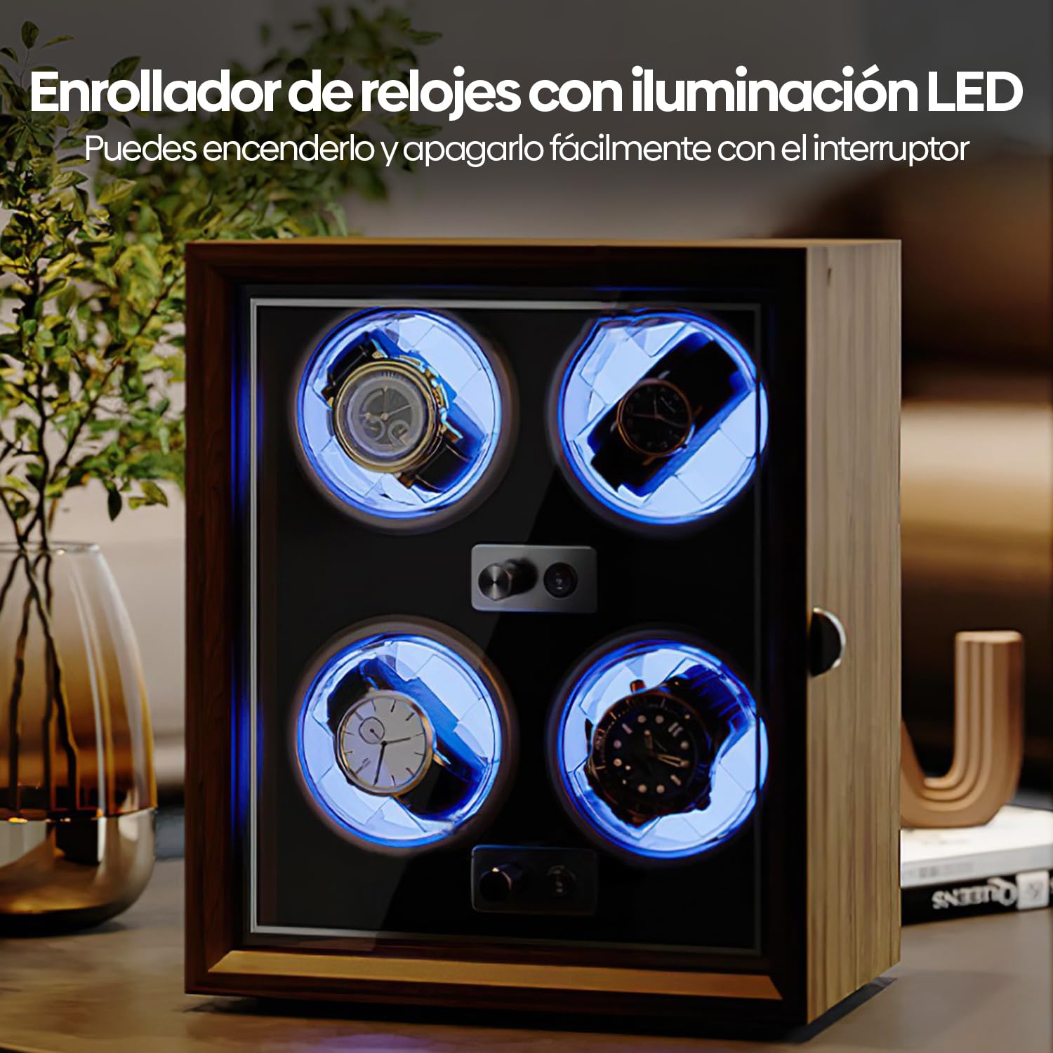 Olvy Caja de Reloj para 4 Relojes, iluminación LED, Caja de Madera, Motor Mabuchi Extremadamente silencioso, cojín Flexible para Relojes