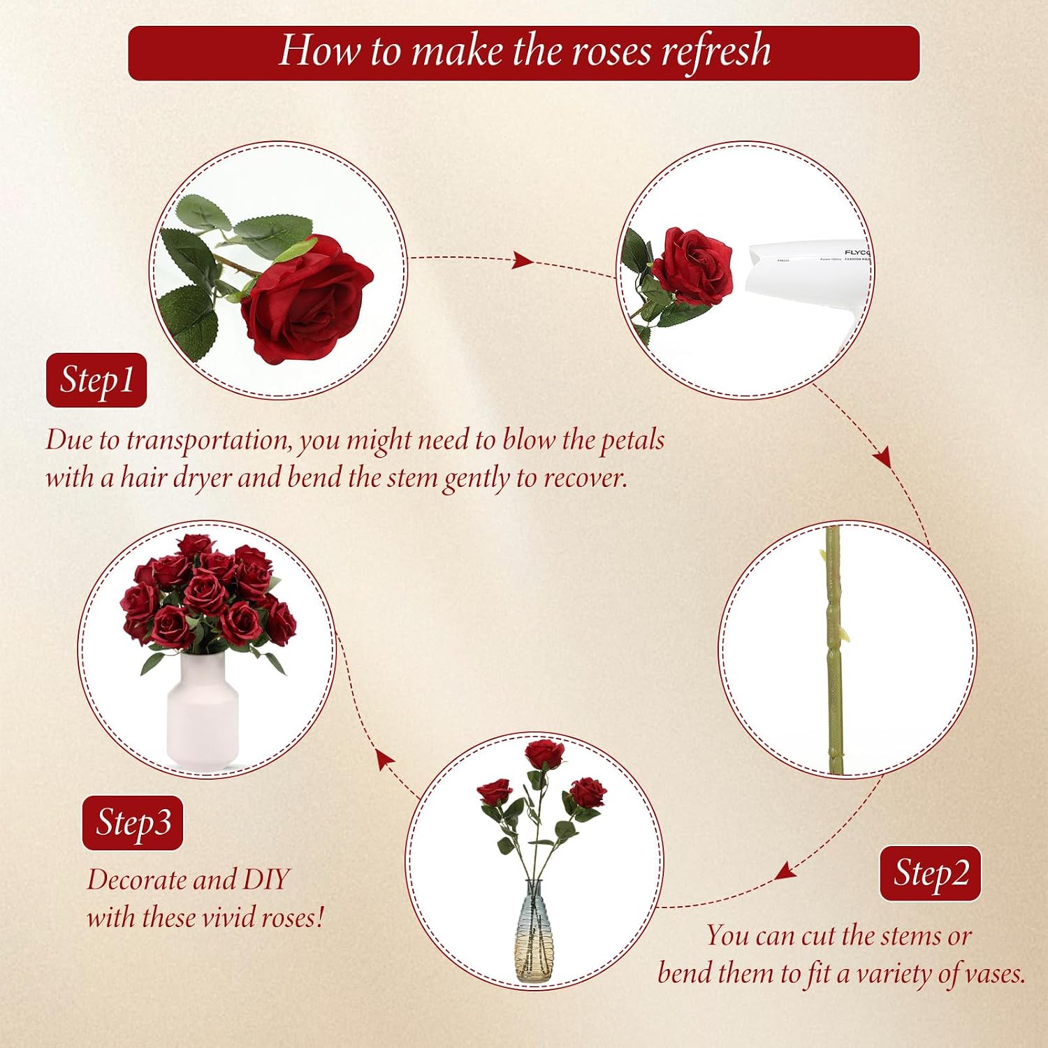 Hotop 20 Pcs Artificial Rose Flowers with Long Stem,Real Lifelike Silk Realistic Plastic Bouquet Roses Bulk for Home Decor Bridal Wedding Party Table Centerpieces Decorations(Wine Red)
