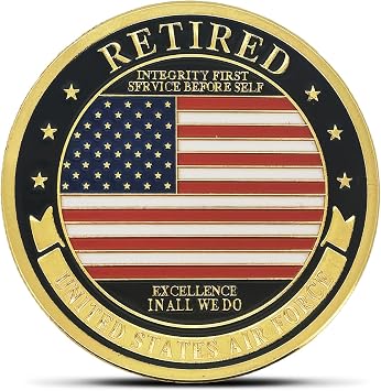 US Air Force Retired Military Challenge Coin - Honor Military Service Emblem & Flag Design