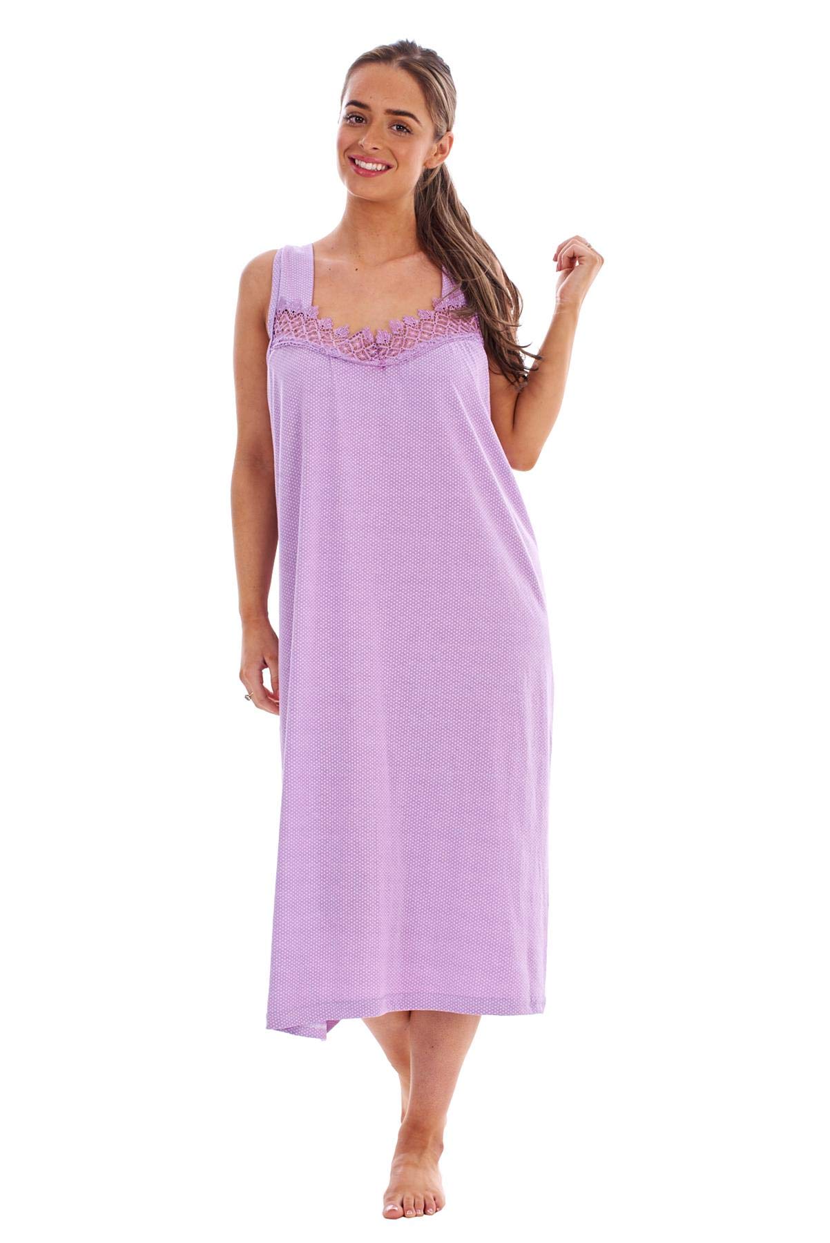 Malay Women's Lavender Polka Dot Nightdress Wide Strap 100% Cotton V-Neck Lace Long Nightshirts