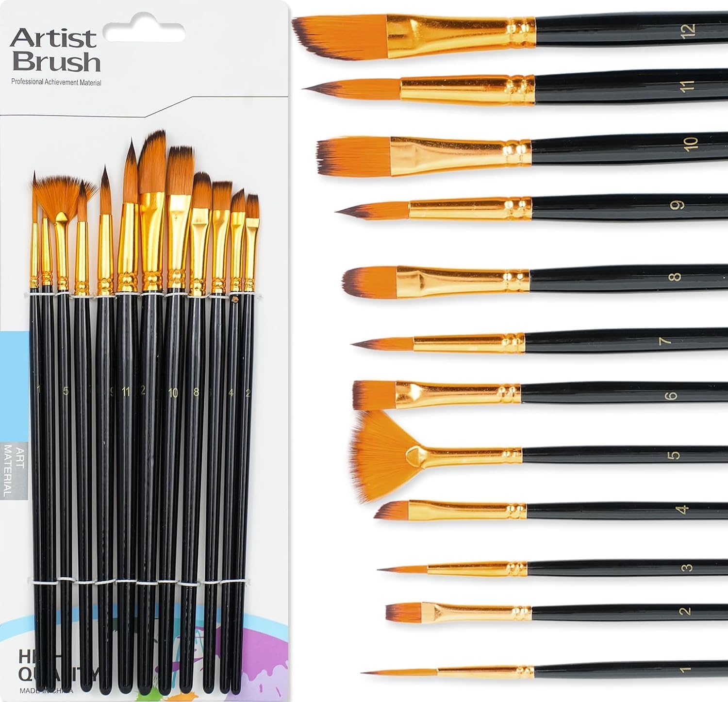 Wlofin Artist Brush 12 Pieces Crafts Artist Paint Brushes Nylon Bristles with Round, Filbert, Flat, Fan, Angle, for Artists and Beginners- Acrylic Painting, Watercolor (Black)