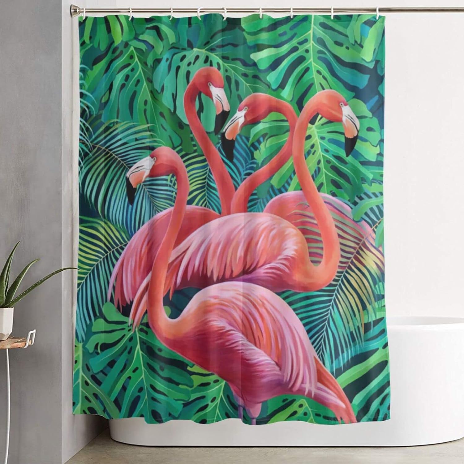 EVERDRAGON Summer Flamingo Shower Curtain Flamingos Leaves