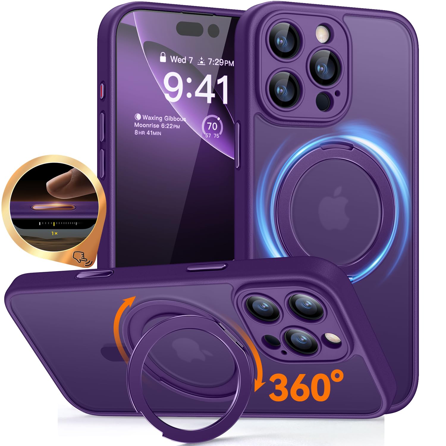 CANSHN 360° Spin Magnetic Stand for iPhone 16 Pro Case with Camera Control [Full Camera Protection] [Compatible with Magsafe] Translucent Matte Shockproof Protective Phone Cover 6.3" - Deep Purple