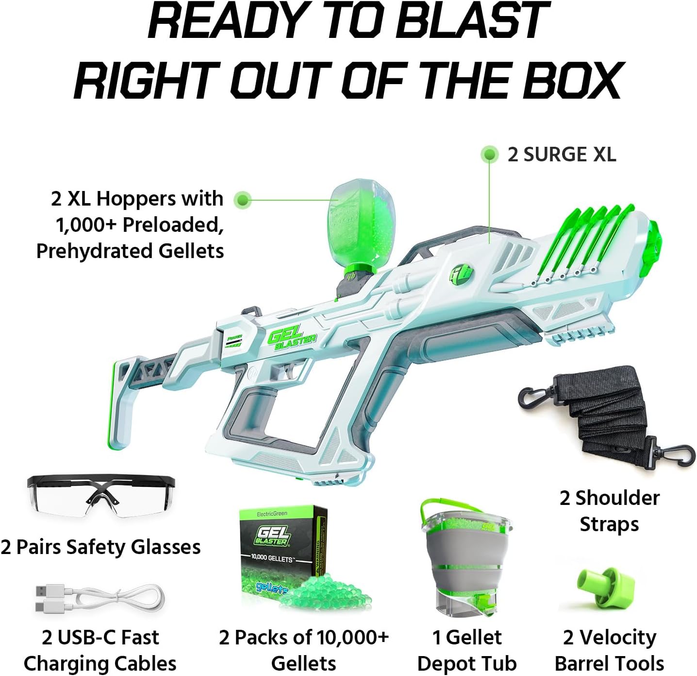 The Supersized Gel Blaster Surge XL (2 Pack Bundle with Gellet Depot) - Longest 150+ Foot Range - Extreme Power & Adjustability - Fastest 150-250 FPS - Semi, Full-Auto, Triple Burst Modes - Ages 14+ : Toys & Games