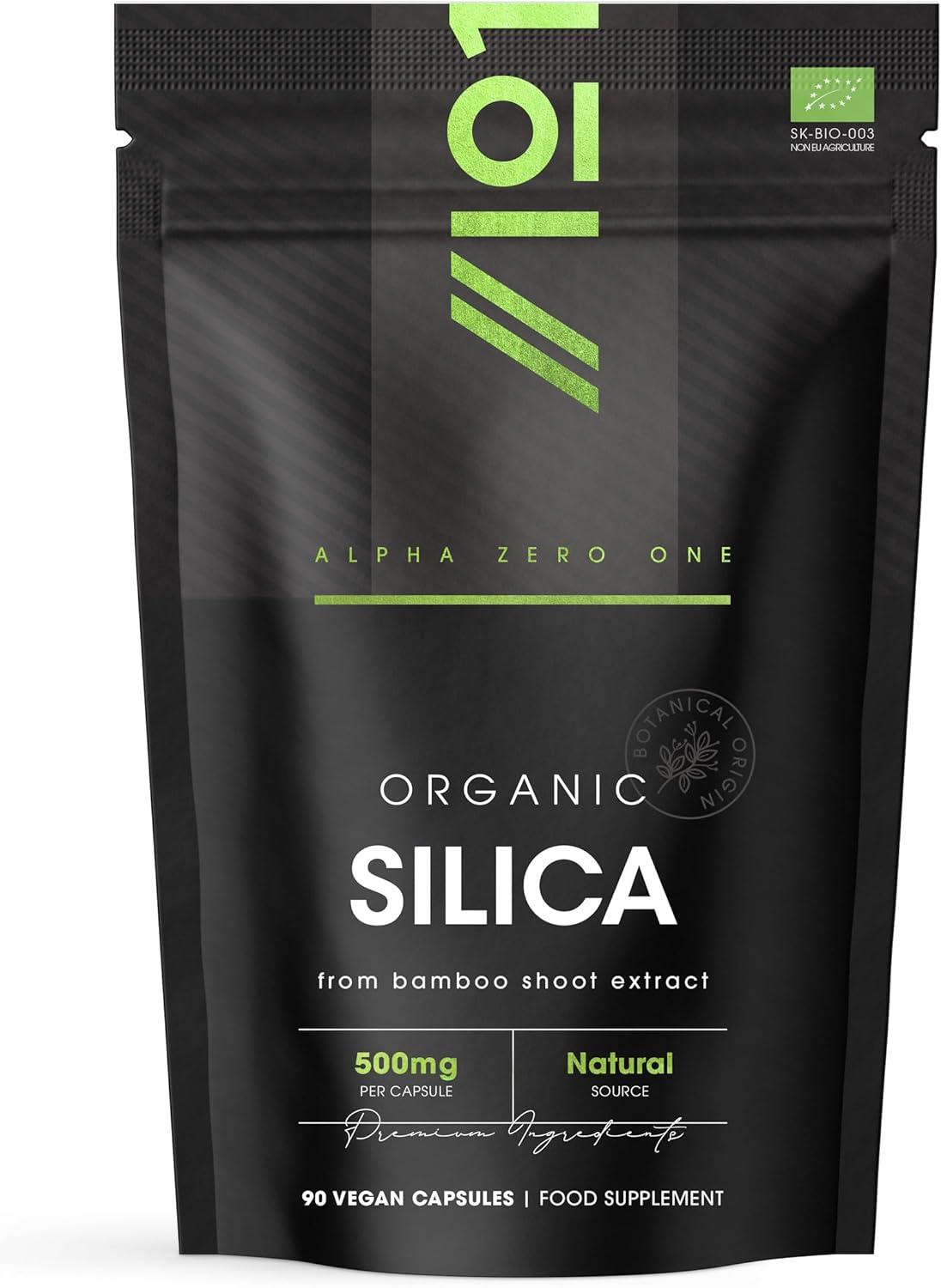 Organic Silicia 500mg – from Bamboo Shoot Extract – 90 Vegan Capsules (3 Months Supply) – Resealable and Recyclable Pouch – by Alpha01