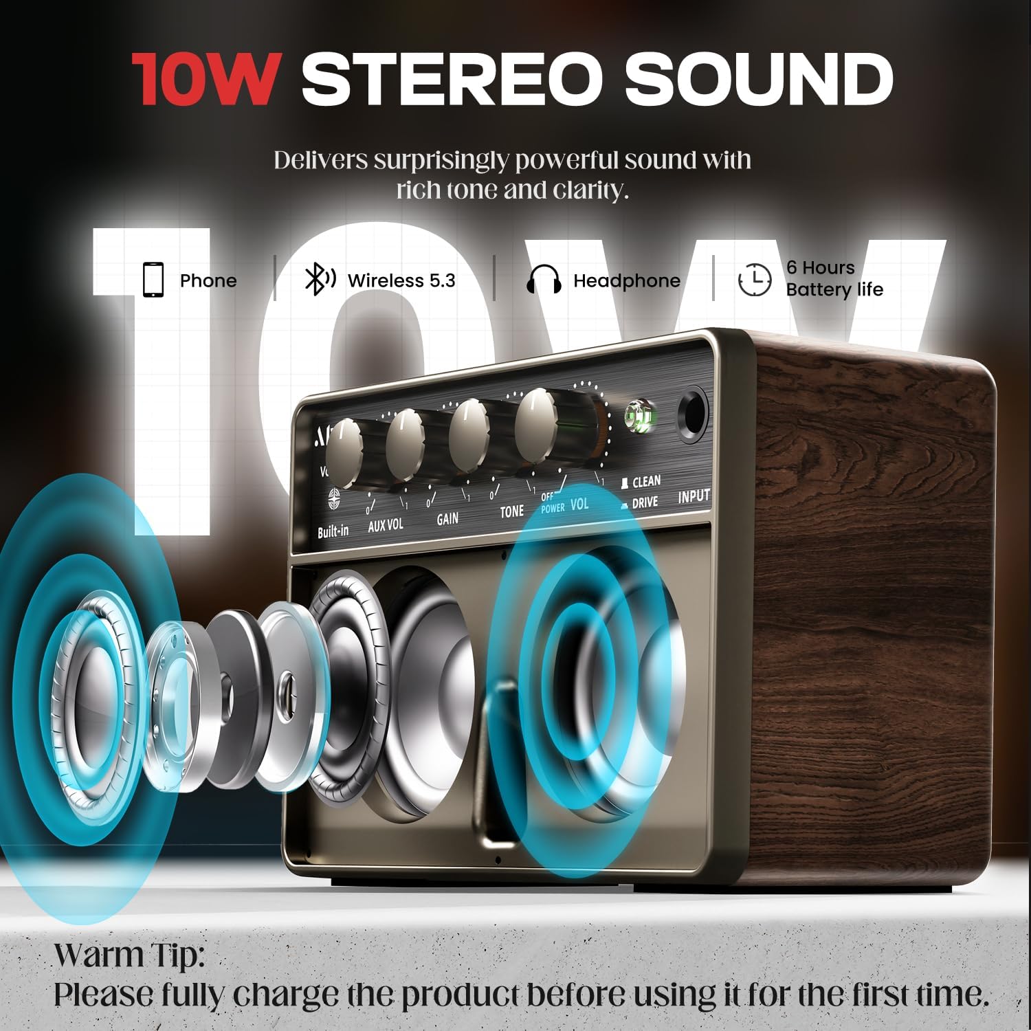 Mini Electric Guitar Amp, Rechargeable 10W Small Portable Guitars Amplifier 5.9*3.9*2.6in Clean/Drive Channels,Wireless Audio,USB-C,6H Working,Headphone Out/AUX In,Compact Practice Travel Speaker Amps - Image 5