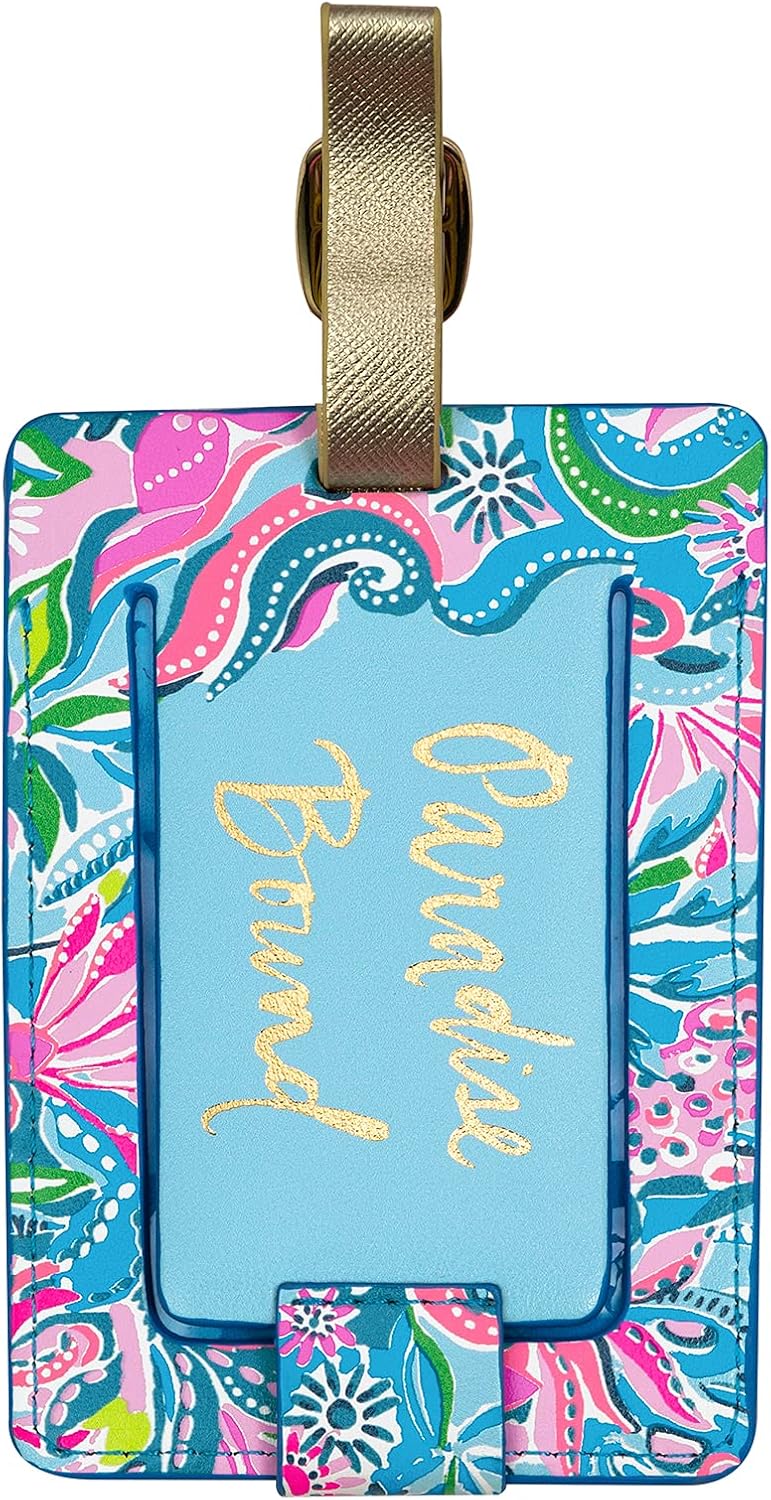 Lilly Pulitzer Leatherette Luggage Tag with Secure Strap, Colorful Suitcase Identifier for Travel