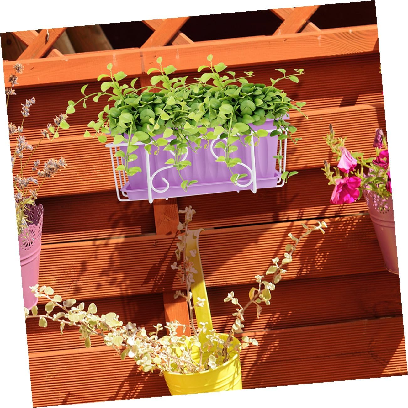 FRCOLOR Rectangular Hanging Herb Planter Box with Tray, Medium Resin Flower Pot for Indoor and Outdoor Gardening, Balcony and Windowsill Vegetable Planter with White Metal Frame