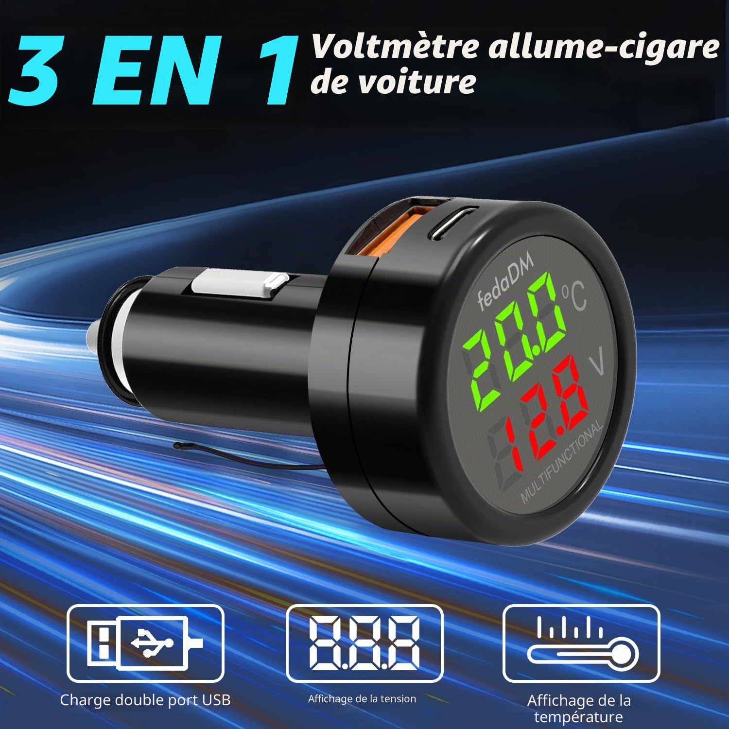 3 en 1 Voltmètre 12V Voiture, Voltmètre Allume Cigarette avec Affichage Température/Tension Numérique