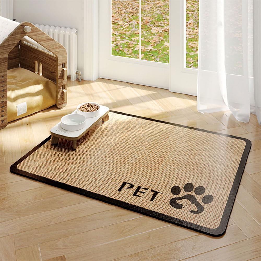 Mateju Dog Food Mat, Absorbent Quick Drying Pet Feeding Dog Placemat for Food and Water, Jute Printing Bowl Mat Non-Slip Cat Food-Mats Puppies Kittens (Style A,35x50cm)