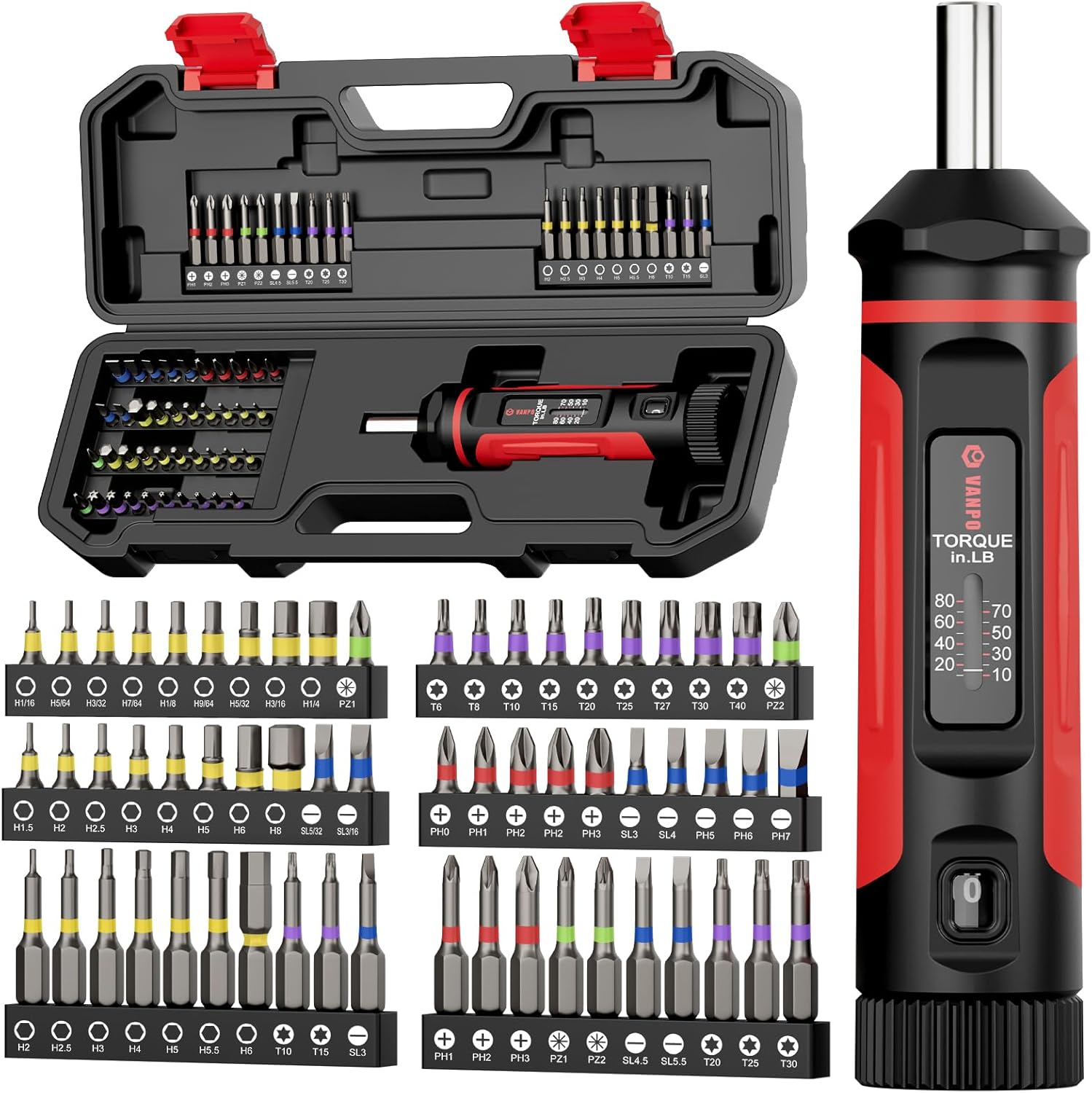 VANPO Torque Screwdriver, 10-80In-lb Torque Screw Driver Wrench Driver Set, 1/4” Drive Inch Pounds Torque Wrench Screwdriver with 60 S2 Bits for Maintenance, Tools, DIY, Bike Repairing and Mounting
