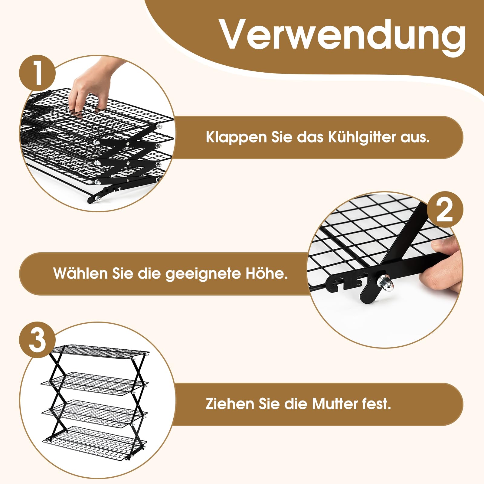 4-stöckiges zusammenklappbares Kühlregal, Antihaft-Abkühlgitter, Klappbares Kuchengitter, Platzsparendes Abkühlregal,Backkühlregal, Backutensilien für Muffins, Kekse, Pizza und Grillgut
