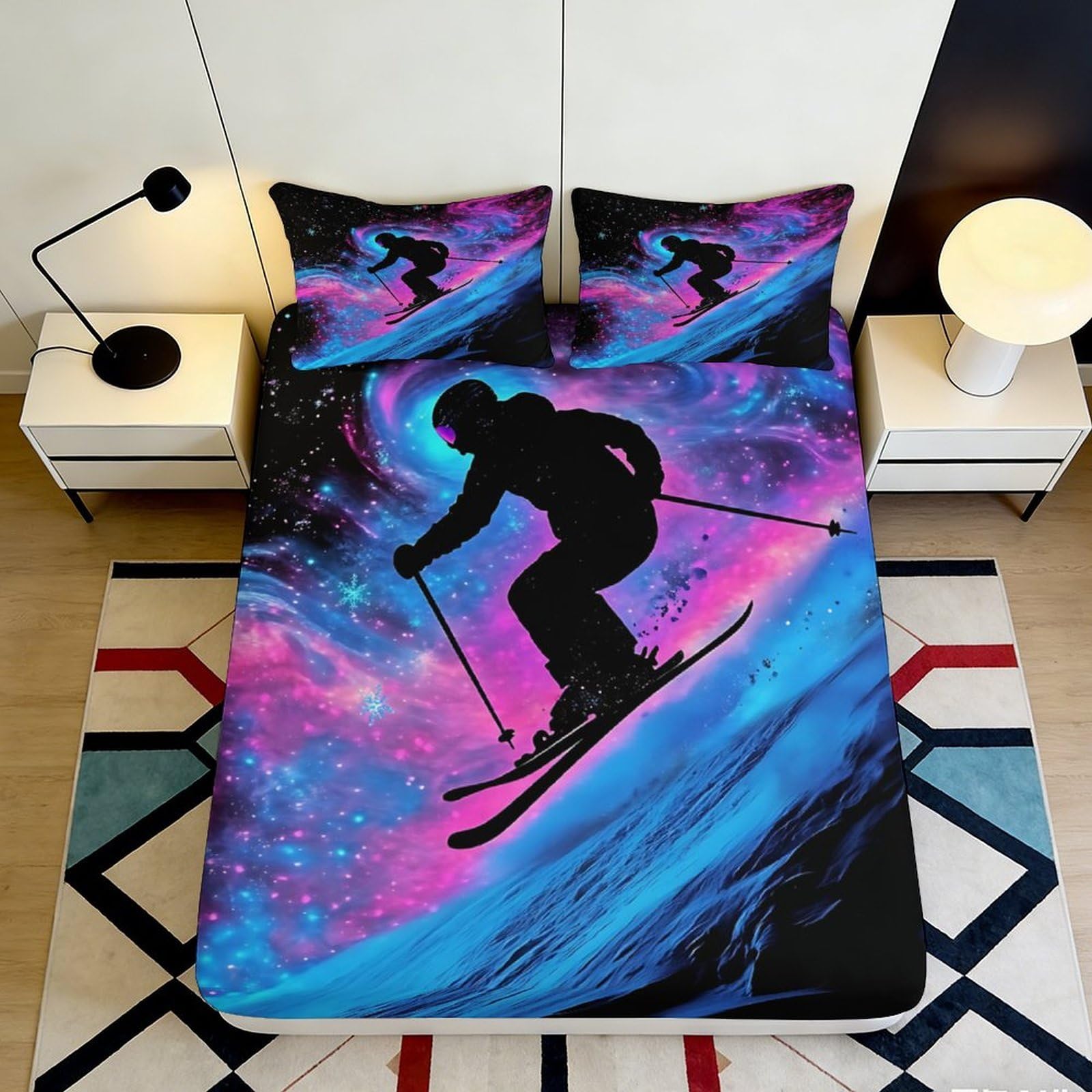 3D Printed Skiing Fitted Sheet Microfiber Washable Deep Pocket Bedroom Bedding Ski Mattress Fitted Cover Elastic Hem 140x200x25cm