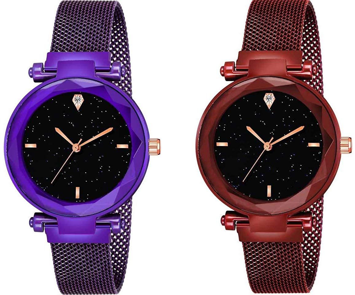 Acnos® Premium 4 Point Purple and Red Color with Trending Magnetic Analogue Metal Strap Watches for Girls and Womens Pack of - 2(P-190-210) (B08965W61Z) Amazon Price History, Amazon Price Tracker