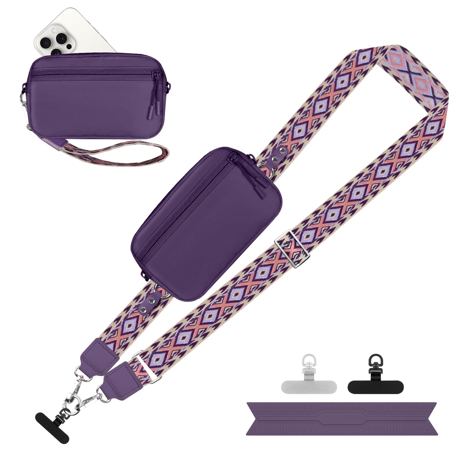 YFWE Clip and Go Strap for Phone with Wallet Crossbody, Adjustable Phone Lanyard with Detachable RFID Wristlet Wallet, Pattern Strap - Dark Purple (L)