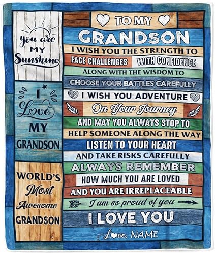 Miniatura 1 de Manta personalizada con texto en inglés To My Grandson from Grandma Pops, Wood I Am So Proud of You I Love You Grandson, manta de vellón