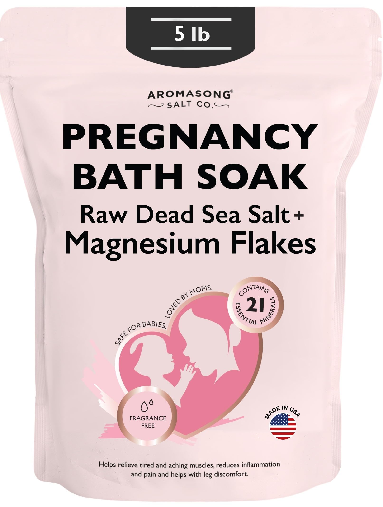 Aromasong Dead Sea Pregnancy Bath Soak 5 LB - Unscented Pure Magnesium Flakes & Minerals - Pregnancy & Postpartum Muscle Aches & Leg Discomfort -