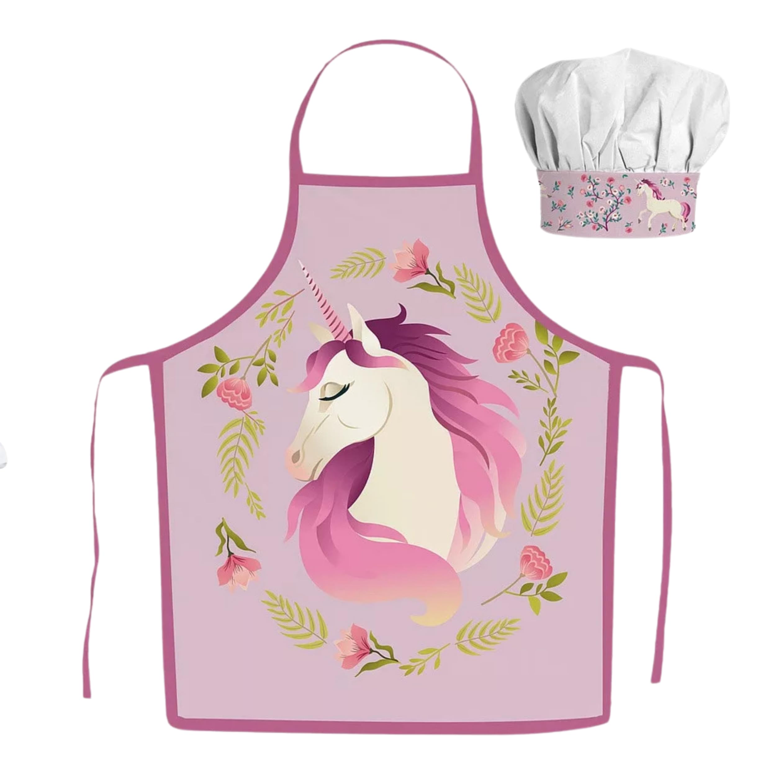 Delantal infantil con diseño de unicornio, para niñas de 3 a 8 años, delantal de cocina infantil con gorro, delantal para hornear con gorro de cocinero ajustable para niños, juego de